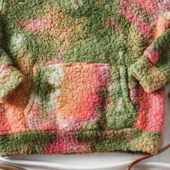 Sherpa Tie Dye Hoodie Sweater Cozy Fleece Pullover with Kangaroo Pocket - Picture 2 of 3